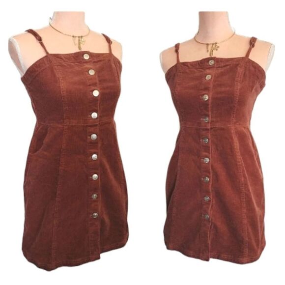Y2K Brown Clay Boho Sleeveless Button Front Corduroy Mini Dress Large - Picture 3 of 16